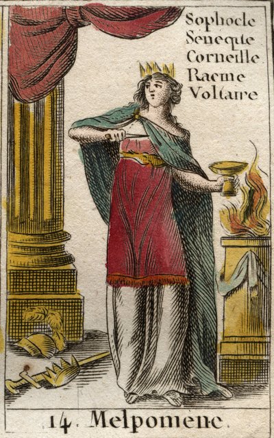 Představení melpomene, múzy tragédie, nosí korunu, žezlo a dýku a také pohár jedu (Reprezentace Melpomene, Múzy tragédie, s korunou, tragickou maskou, nožem a pohárem z "Mytologie mládí" od od French School