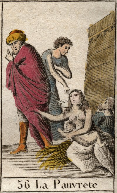 Reprezentace chudoby, bosá a oděná střepy sedí na slámě. (Reprezentace Chudinky, oděná v cárech, bosá, sedí na slámě). Z „Mytologie mládí“ od Pierra Blancharda 1803. od French School