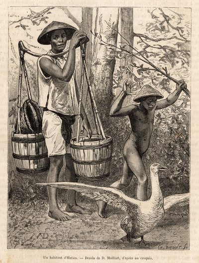 Obyvatel Hatienu (Vietnam) nesoucí kbelíky a košík a dítě lovící holí husu, rytina podle kresby od Robina ilustrující plavbu do Cochinchine od doktora Morice v roce 1872, publikovaná v „“Le tour du monde““ “ 1875, editoval E od French School