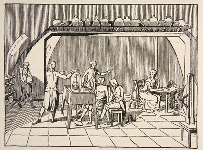Pokus s dýcháním v Lavoisierově laboratoři, kopie Boris Mestchersky (zemř. 1957), ilustrace z knihy Histoire de la Nation Francaise, Sciences, Volumes I & II, autor Gabriel Hanotaux (1853-1944). od French School