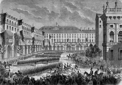 Přehled vojsk, která prošel italským králem Viktorem Emmanuelem II. (Victor-Emmanuel) (Vittorio Emanuele) v Turíně 7. června od French School