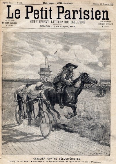 Jezdec závodil proti velocipedistům: William Frederic Cody (1846-1917), známý jako Buffalo Bill, známý jako král kovbojů a cyklisté Gaby a Fournier v Tandemu. Jeden z novin "Le petit Parisien"" 26.11.1893 (rytina) od French School