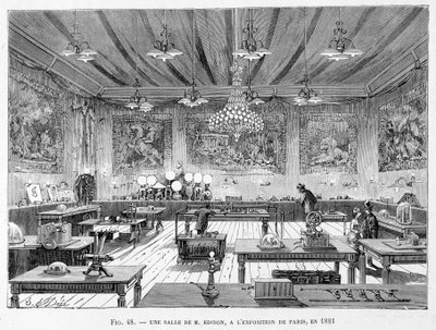 Pokoj od pana Edisona na pařížské výstavě v roce 1881 - v „Nových výdobytcích vědy“ od Louise Figuiera od French School