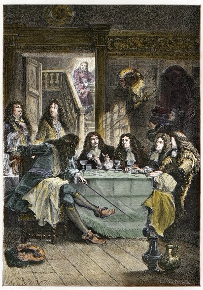 Salon (Cabaret) sdružující francouzské spisovatele Jean de La Fontaine (1621-1695), Nicolas Boileau-Despreaux (Boileau Despreaux) (1636-1711), dramatika Jean Baptiste Poquelin dit Moliere (1622-1673) a básníka Jeana Racina ( 1639-1699) - Fontána, Boilea od French School