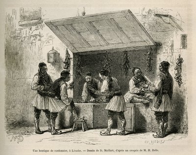 Obuvnický obchod a jeho klientela v Livadie, kresba D. Maillarda, k ilustraci příběhu Henri Belle: Voyage en Greece od French School
