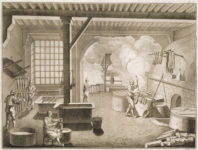 Workshop barvířů hedvábí z Encyclopedie des Sciences et Metiers od Denise Diderota (1713-84) vydané kolem roku 1770 od French School