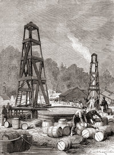 Zdroj ropy v Oil Creek na řece Allegheny, Pensylvánie, USA v roce 1858, objeven Edwinem Laurentinem Drakeem, alias plukovníkem Drakem, z „Les Merveilles de la Science“, vydáno kolem roku 1870 (rytina) od French School