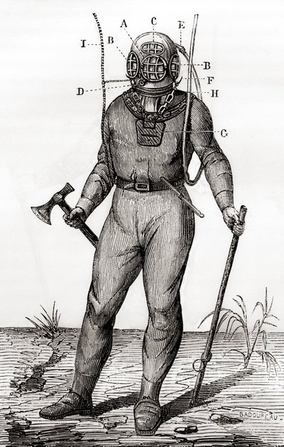 Standardní potápěčský oblek patentovaný Josephem-Martinem Cabirolem v roce 1855, z „Les Merveilles de la Science“, publikovaný kolem roku 1870 (rytina) od French School