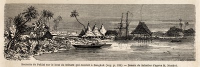 Cukrovar Paklat, na rameni Menam, hlavní thajské řeky, kresba Sabatierem, k ilustraci cesty Henriho Mouhota do království Siam, Kambodža a Laos v letech 1858 až 1861. Rytina „“ Le tour du monde“ “, editoval Edouard Charto od French School
