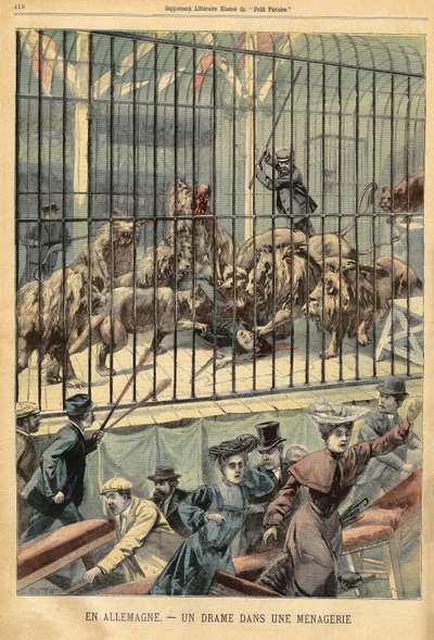 Krotitelku pohltí její lvi ve zvěřinci v německém Dessau. Rytina v „“Le Petite Parisien“, dne 27.12.1903. od French School