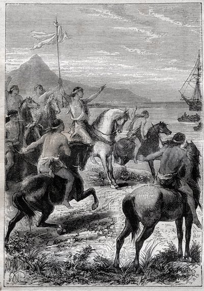 Skupina mužů na koních měla bílou vlajku: viceadmirál John Byron (1723-1786) přijatý domorodci z Cape des Virgins ve východním ústí Magellan