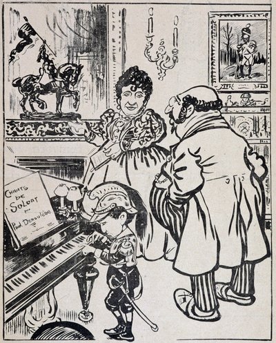 Použitý bronz, karikatura s bitevními loděmi, noty pro Derouleda na klavír a soška Johanky z Arku (význam) , "Psst" 12. 3. 1898. od French School