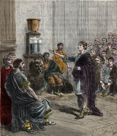 Vodní hodiny nebo clepsydra v Athénách - Starověké Řecko - la clepsydre a Athenes - Rytina v "" Vědy umístěné u dveří všech - fyzika a chemie" od Alexise Clerca - Konec 19. století - Soukromá sbírka od French School