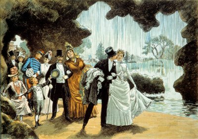 Svatba má vodopád. Manželé v parku Parc des Buttes Chaumont (). Tisk z konce 19. století Soukromá sbírka od French School