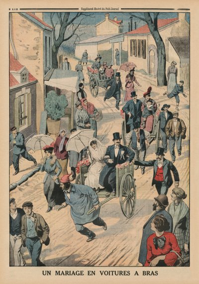 Svatba na ručních kárách, ilustrace na zadní straně obálky z Le Petit Journal, příloha ilustrovaná, 5. dubna 1914 od French School