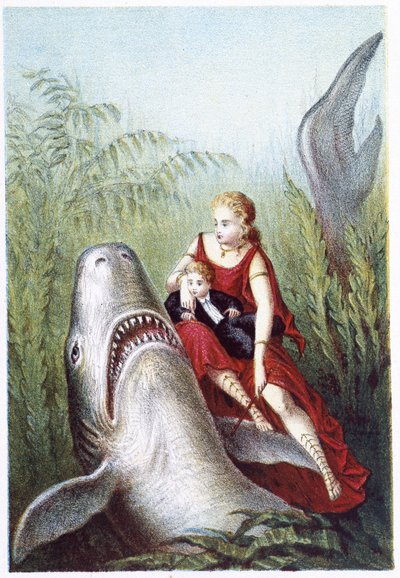 Žena a chlapec jedoucí na žralokovi - ve filmu „Cesta na dno moře“ od H. de la Blanchère. Paris, ed. Jouvet et Cie, sd. 1880. (dvojité 02943) od French School