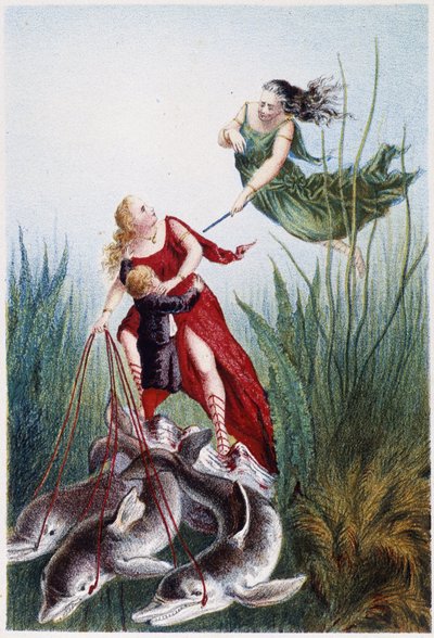 Žena útočící na jinou ženu a chlapec vedený delfíny - v "Cestě na dno moře" od H. de la Blanchère. Paříž, vyd. Jouvet et Cie, sd. 1880. (double 02947) od French School