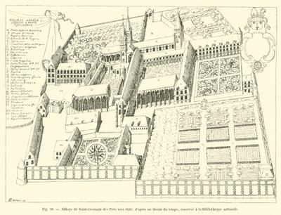 Opatství Saint-Germain des Pres kolem roku 1630, z tehdejší kresby, uchovávané v Národní knihovně od French School