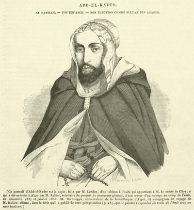 Abd-el-Kader, jeho rodina, dětství, zvolení arabským sultánem (rytina) od French School