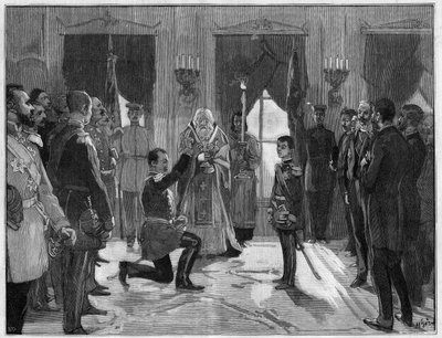 Abdikace srbského krále Milana 1. (1854-1901), 7. března 1889: bývalý král složil přísahu poslušnosti a věrnosti svému synovi Alexandru 1. Srbskému (1876-1903), za kterého právě abdikoval. Rytina v „“ Le Monde Illustré““ č. 1666 z 2. března od French School