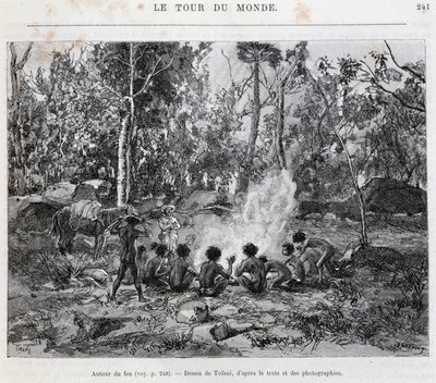 Domorodci pod dohledem osadníka, kolem ohně - v „Tour du Monde““ od French School