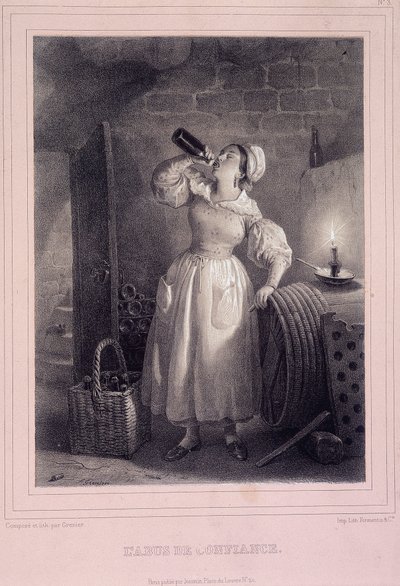 Zneužití důvěry (domácí pití vína ve sklepě) - litografie od French School