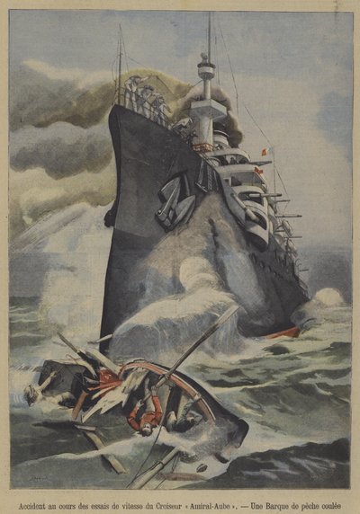 Náhodné potopení rybářského člunu francouzským obrněným křižníkem Admiral Aube během rychlostních zkoušek (barva litho) od French School