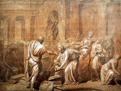 Achilleovo brnění objevené dcerami, kolem roku 1790 (pero a inkoust se sépií na papíře) od French School