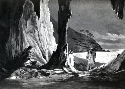 2. dějství, scéna 3 Pelleas et Melisande od Debussyho, z fotografie první inscenace opery v Opeře-Comique v Paříži v dubnu 1902, ilustrace v časopise Theatre, červen 1902 (l od French School