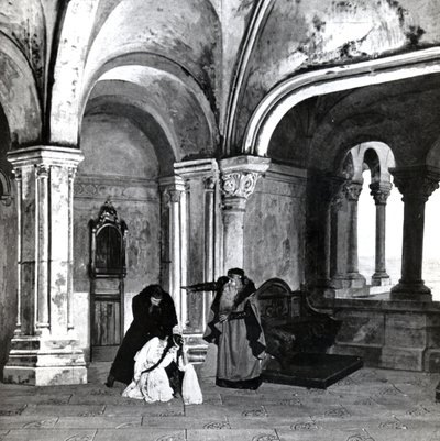 4. dějství, scéna 2 Pelleas et Melisande od Debussyho, z fotografie první inscenace opery v Opeře-Comique v Paříži v dubnu 1902, ilustrace v časopise Theatre, červen 1902 (l od French School