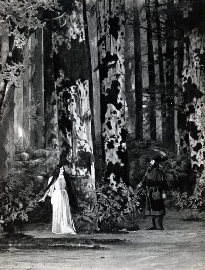 První dějství, scéna 1 Pelleas et Melisande od Debussyho, z fotografie první inscenace opery v Opeře-Comique v Paříži v dubnu 1902, ilustrace v časopise Theatre, červen 1902 (li od French School