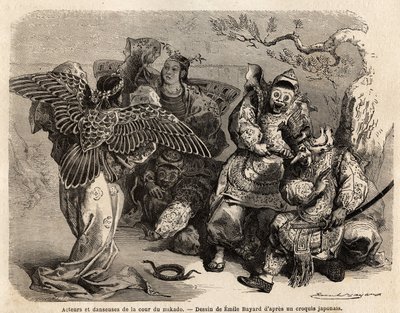 Herci a tanečníci ze dvora Mikádo ve scénických kostýmech. Rytina k ilustraci cesty do Japonska v letech 1863-1864, kterou vytvořil Aime Humbert, ministr Švýcarské konfederace, v knize "Le tour du monde, nouveau journal des voyages", vydané pod vedením Ed. od French School