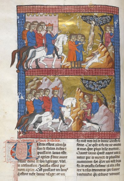 Přidat. 15268, f.75v Oidipus, nalezený Polybusem, králem Korintu, ilustrace z 