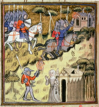 Přidejte světlo 15269 f.178v Kavalérie k budovám s planoucími pochodněmi; jeptiška chránící své opatství před vojákem, kolem roku 1380 od French School
