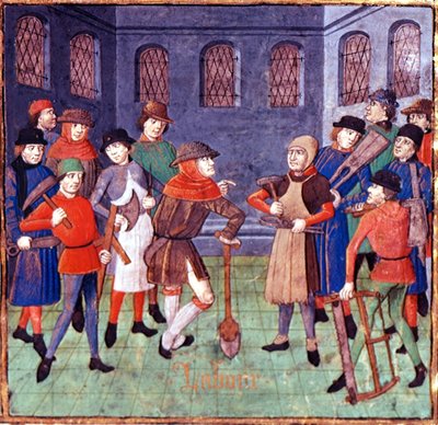 Přidat 18750 fol. 3 Dělníci s nástroji, detail z dedikačního prologu vévody de Berry v „Des cas des nobles hommes“ od Giovanniho Boccaccia, přeložil Laurent de Premierfait, kolem 1480 (vellum) od French School