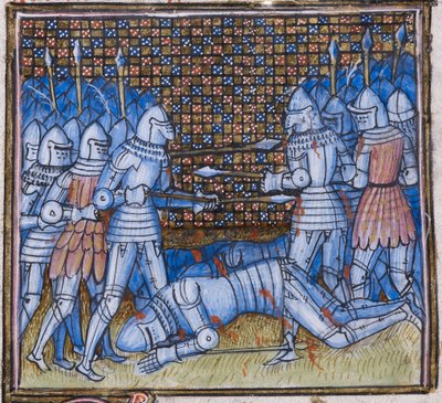 Přidat. 38659 fol.170 Smrt sira Johna Chandose. Středověká bitva, iluminace z 