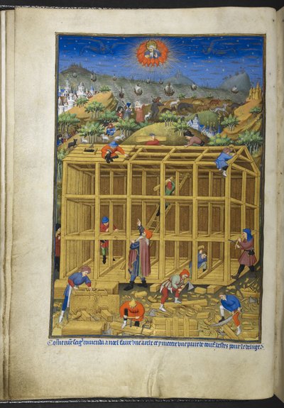 Přidejte Ms 18850 f.15v, Stavba Noemovy archy, z Knihy hodin (The Bedford Hours) c.1410-30 (inkoust, barva a zlato na pergamenu) od French School