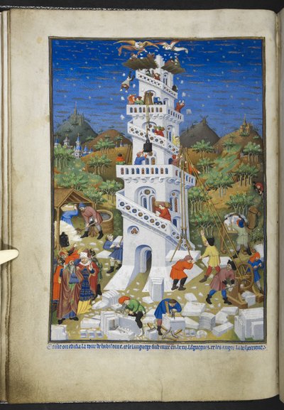 Přidat Ms 18850 f.17v Budova Babylonské věže, z Book of Hours (The Bedford Hours) c.1410-30 (inkoust, barva a zlato na pergamenu) od French School