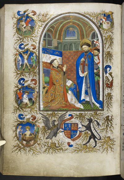 Přidejte Ms 18850 f.256v, vévoda z Bedfordu před St Georgem, z Book of Hours (The Bedford Hours) c.1410-30 (inkoust, barva a zlato na pergamenu) od French School