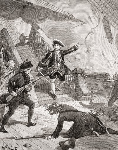 Admirál Suffren v Indickém oceánu během svého tažení proti Angličanům v 18. století, z knihy "Histoire de France", vydané kolem roku 1880 (rytina). od French School