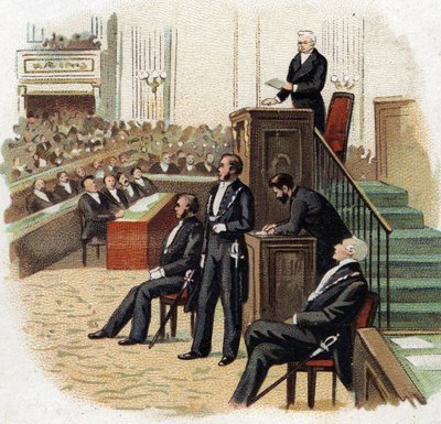 Adolphe Thiers (1797-1877), prezident republiky na pódiu Národního shromáždění v roce 1872 - Chromolitografie (Chromo) počátku 20. století. od French School