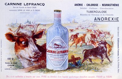 Reklama na Carnine Lefrancq, publikovaná v lékařském časopise Chanteclair, počátek dvacátého století od French School