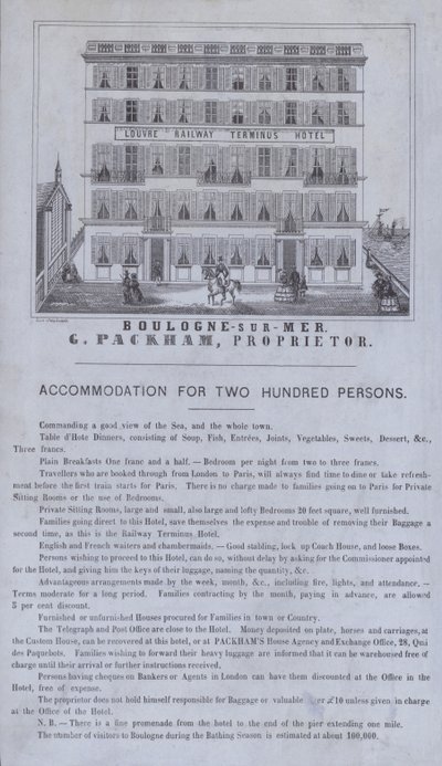 Reklama na hotel Louvre Railway Terminus, Boulogne-sur-Mer, Francie (litho) od French School