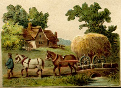 Reklamní Chromolitograf, vyřezávaný znázorňující venkovskou scénu, dva koně vedené farmářem táhnoucím vůz se slámou od French School