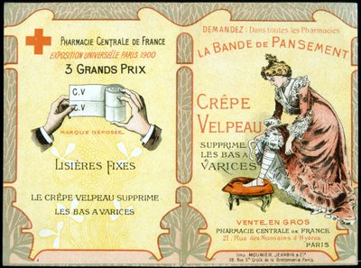 Reklamní karta „“The Velpeau Crepe Dressing Band odstraňuje křečové punčochy““. Sd. 19. století. od French School
