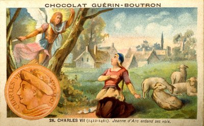 Reklamní chromolitografie čokolád Guerin Boutron, král Karel VII. v letech 1422 až 1461. Johanka z Arku slyší hlasy (chromolitografie) od French School