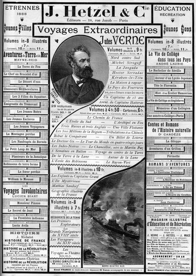 Reklama na romány Julese Verna se blíží ke konci roku 1887, redaktor J. Hetzel. od French School