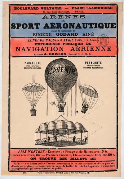 Letecká výstava, která se bude konat v Paříži v roce 1885 pod vedením Eugena Godarda, pb. 1885 (barevná litografie) od French School