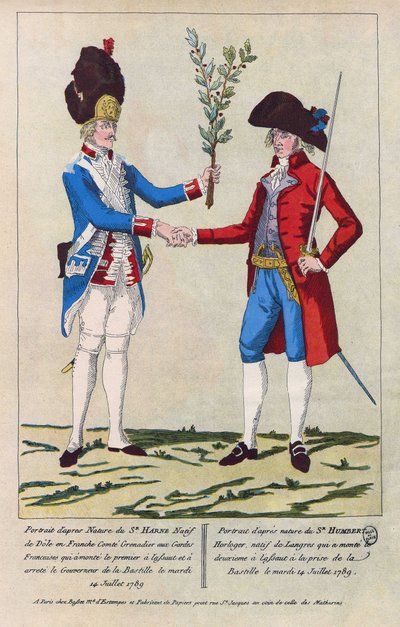 Portrét Sieur Harne, Grenadier a Sieur Humbert, hodinář. Byli to první muži, kteří byli napadeni při dobývání Bastily 14. července 1789. Rytina z roku 1790. od French School