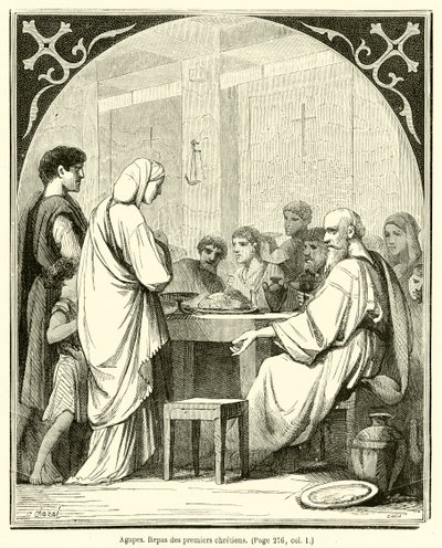 Agapes, jídlo prvních křesťanů (rytina) od French School